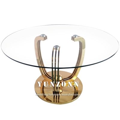 Top de cristal moderado 10m m grueso transparente de Round Dining Table del modelo de lujo con la base del oro