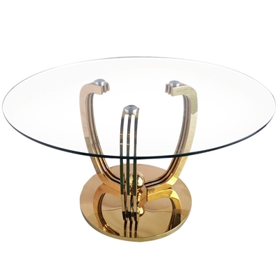 Mesa de comedor baja de acero inoxidable del oro minimalista con el top de cristal