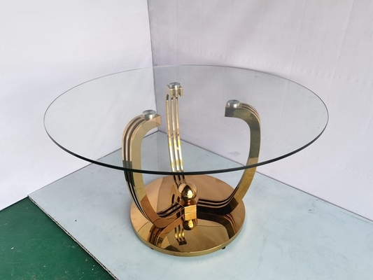 Mesa de comedor baja de acero inoxidable del oro minimalista con el top de cristal