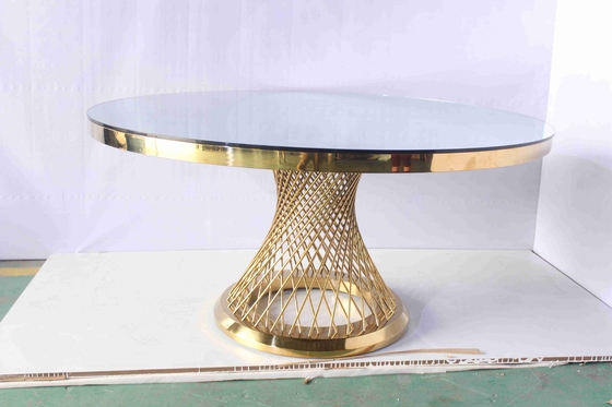 Mesa de comedor moderna con pedestal de mármol falso Marco de acero inoxidable dorado