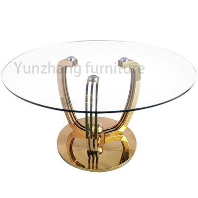 Top de cristal moderado 10m m grueso transparente de Round Dining Table del modelo de lujo con la base del oro