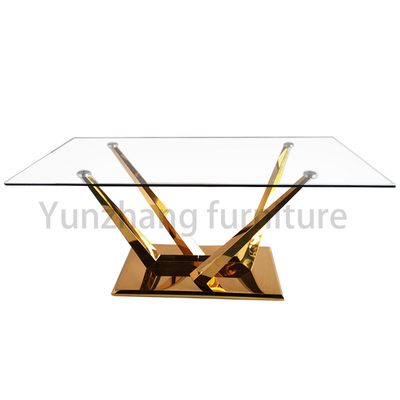 Mesa de comedor superior de cristal rectangular minimalista con la base plateada oro sólido del soporte SS201