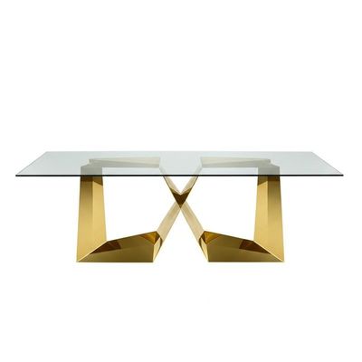 Mesa de comedor superior de cristal rectangular minimalista con la base plateada oro sólido del soporte SS201