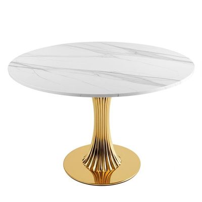 Mesa de comedor moderna con pedestal de mármol falso Marco de acero inoxidable dorado