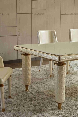 Marco de acero inoxidable superior moderado blanco del vidrio de las mesas de comedor modernas de lujo de cuero de la cubierta del bordado para el hogar