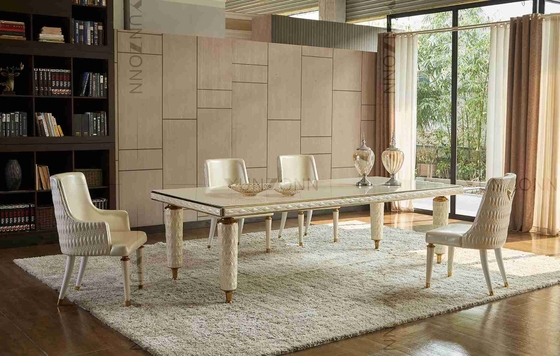 Marco de acero inoxidable superior moderado blanco del vidrio de las mesas de comedor modernas de lujo de cuero de la cubierta del bordado para el hogar