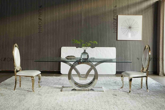 Las gaviotas diseñan el top de cristal moderno de lujo que la mesa de comedor fijó la plata de acero inoxidable del bastidor base de 4 Seater