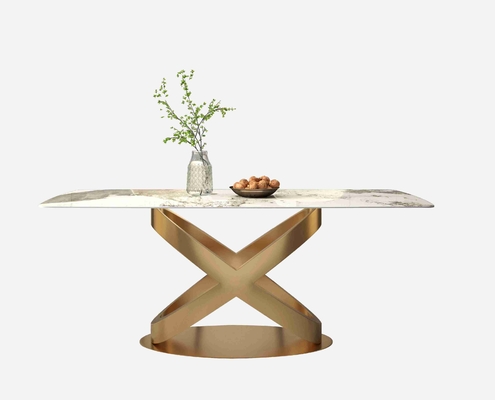 La silla de mesa de comedor de piedra rectangular blanca fija los pedestales de bronce