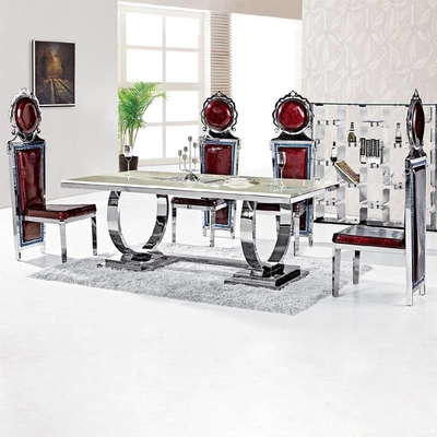 La mesa de comedor de lujo de plata 6 Seater de la comodidad 150X90X75 moderó el top del vidrio