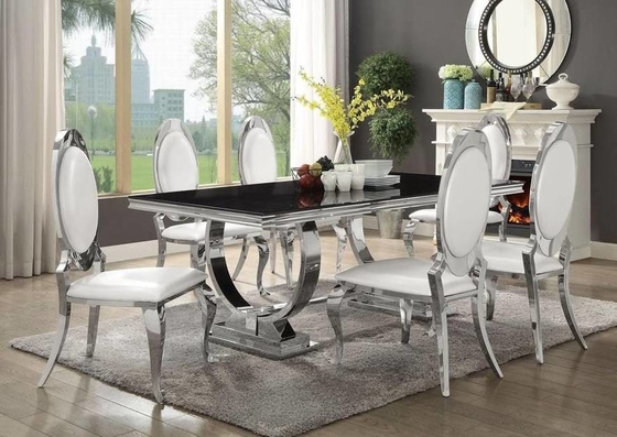La mesa de comedor de acero inoxidable de la pierna del oro de plata fijó 6 Seater con el top de mármol