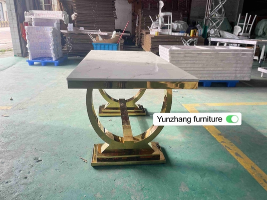 La mesa de comedor de acero inoxidable de la pierna del oro de plata fijó 6 Seater con el top de mármol