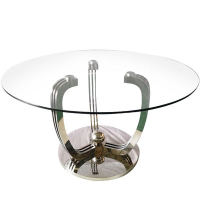 Buen precio Mesa de comedor redonda superior de cristal moderada con la base de plata de acero inoxidable 201 en línea