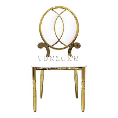 Buen precio Silla de comedor dorada apilable moderna al por mayor, silla de boda de acero inoxidable dorada elegante para restaurante y banquete en línea