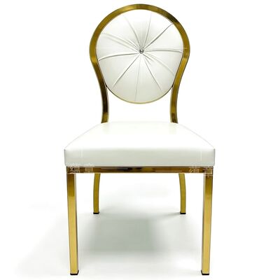 Buen precio Diseño trasero redondo para eventos calientes, fiesta dorada, acero inoxidable, hotel, boda, silla, fábrica, venta al por mayor, silla trasera de acero, banquete de hotel en línea