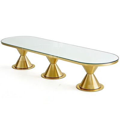 Buen precio Luxoso Nuevo Llegado Moderno Oro Piernas de acero inoxidable Oval Comedor al aire libre Mesa de bodas con vidrio templado Muebles de hotel en línea