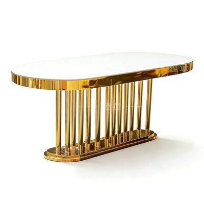 Buen precio Muebles de bodas mayoristas de oro oval marco de acero inoxidable espejo blanco vidrio de la parte superior de la mesa larga mesa de comedor hotel para la boda en línea