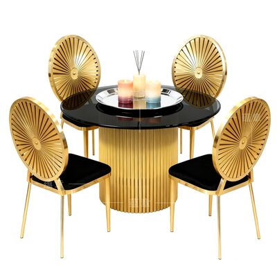 Buen precio Mesa de comedor de acero inoxidable dorado con marco de acero inoxidable y tapa de vidrio templado para bodas en línea