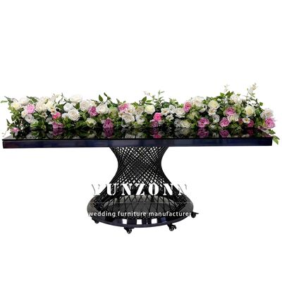 Buen precio Hotel Banquete Mesa de comedor de vidrio superior negro Rectángulo de acero inoxidable Mesa de bodas de metal en línea