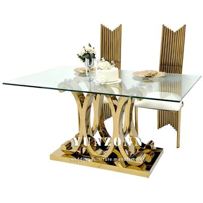 Buen precio Mesa de comedor decorativa rectangular de lujo moderna con patas doradas, juego de mesas de acero inoxidable para decoraciones de banquetes de bodas para eventos en línea