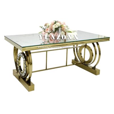 Buen precio Mesa de banquete con marco de acero inoxidable y decoración de cristal para bodas, hoteles, eventos, mesa con escritorio de espejo, mobiliario de hotel en línea