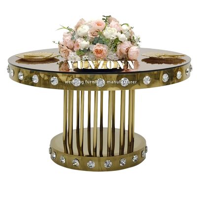 Buen precio Mesa Redonda Dorada de Cristal para Bodas con Base de Metal de Acero Inoxidable para Restaurantes, Banquetes y Eventos en línea