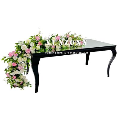 Buen precio Mesa de evento de vidrio templado para bodas, forma rectangular, acero inoxidable negro, mesa de hotel y restaurante en línea