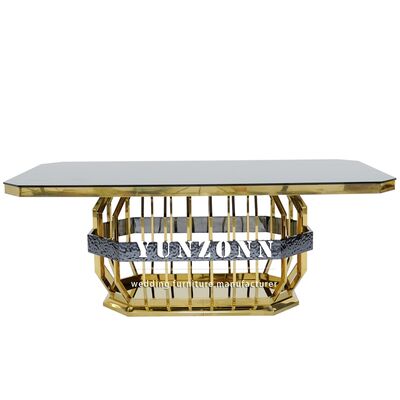 Buen precio Mesa de comedor moderna de acero inoxidable dorado para bodas y banquetes, mesa rectangular de vidrio para hoteles, muebles para bodas y alquileres en línea