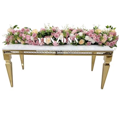 Buen precio Mesa de comedor de boda de cristal de espejo rectangular romántico de acero inoxidable dorado para banquetes de hotel para 8 personas en línea