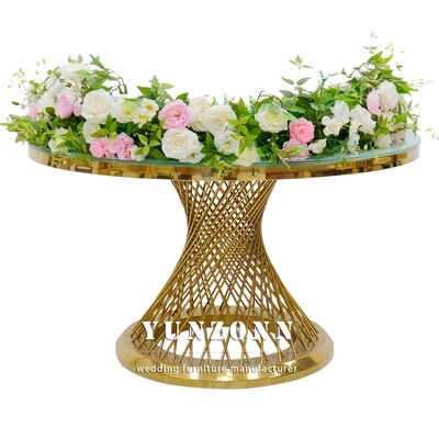 Buen precio Mesa de comedor para eventos de boda, muebles de hotel, base de metal de acero inoxidable, mesas redondas, últimos muebles de boda en línea