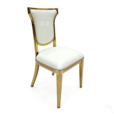 Buen precio Venta en caliente Moderno Barato Fiesta de bodas Eventos Muebles De espalda alta Acero inoxidable Oro Banquete Silla de comedor en línea