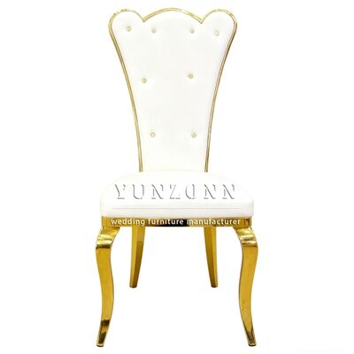 Buen precio Estilo real nuevo diseño botón de cristal de espalda restaurante boda oro oro de acero inoxidable hotel silla de comedor en línea