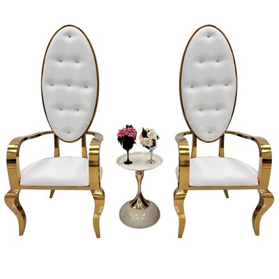 Buen precio Silla de estilo de lujo de alta venta con respaldo alto de acero inoxidable y reposabrazos, silla King para bodas en línea