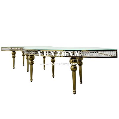 Buen precio Venta caliente Serpentine vidrio transparente de cristal de acero inoxidable de la mesa de banquete restaurante centro de recepción mesa de luna en línea