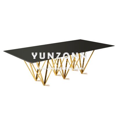 Buen precio Decoración de muebles de boda, mesa de comedor rectangular elegante con tapa de cristal transparente y detalles dorados para el comedor en línea