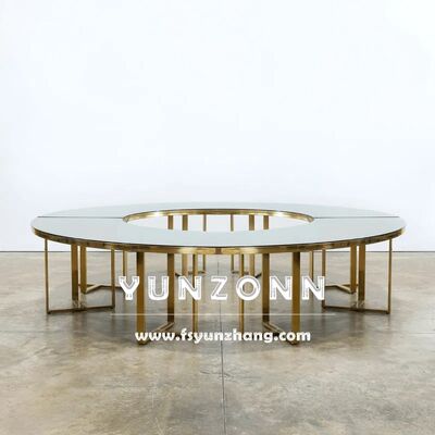 Buen precio Lujo de vidrio negro Luna llena en forma de S Mesa de comedor de acero inoxidable Banquete de bodas Mesa de eventos para hoteles en línea