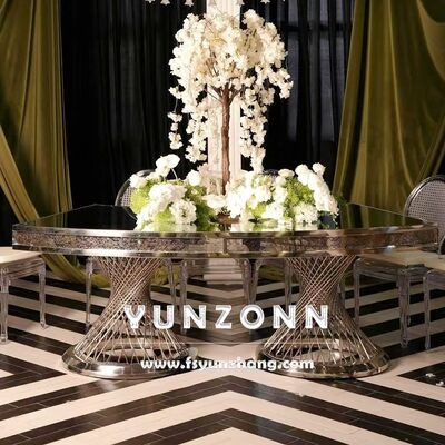 Buen precio Mesa de comedor con base de nido de doble pedestal con espejo de vidrio de oro para bodas y hoteles en línea