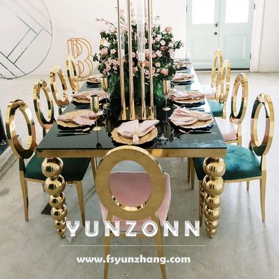 Buen precio Moderno de lujo Rectángulo de la boda y la mesa de comedor con bolas de acero inoxidable Piernas para hoteles y salas en línea