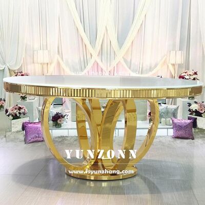 Buen precio Blanco MDF Top redondo base de metal de acero inoxidable dorado boda mesa de comedor para eventos banquetes muebles de hotel en línea