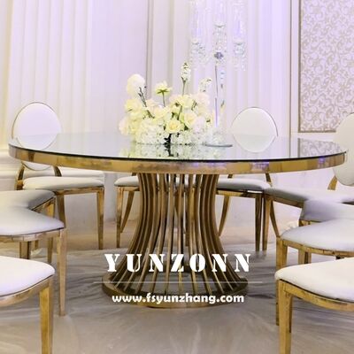 Buen precio Mesa redonda de comedor de lujo con base de acero inoxidable dorado y cubierta de vidrio para bodas y banquetes de eventos Muebles de hotel en línea