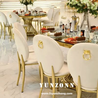 Buen precio Silla de terciopelo con respaldo redondo de acero inoxidable dorado para banquetes, restaurantes y bodas en línea