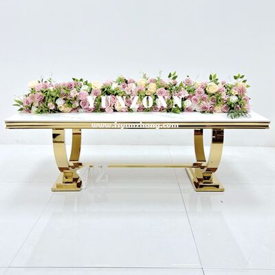 Buen precio Eventos de fiesta de lujo Decoraciones Piernas de oro Mesa de vidrio moderno Rectangular de acero inoxidable Mesas de banquete de bodas en línea