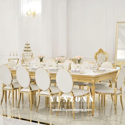Buen precio Mesa de comedor moderna de cristal con marco dorado y diseño rectangular largo para bodas, recepciones, hoteles al aire libre, salas de estar y fiestas en línea