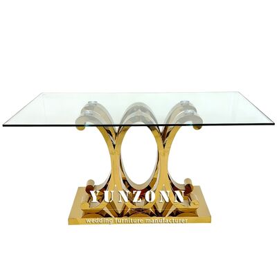Buen precio Juego de mesa de comedor de lujo de acero inoxidable dorado y vidrio para novios para eventos de bodas y uso en hoteles en línea