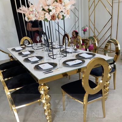 Buen precio Modern Heavy-Duty Metal Legs Banquete Table with Gold Stainless Steel & MDF Top for Hotel Wedding Dining Outdoor Living Room Use (Table de banquete con piezas de acero inoxidable y MDF) en línea