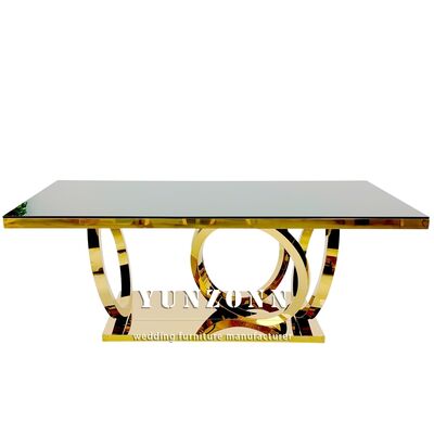 Buen precio Mesa de comedor decorativa rectangular de lujo moderna con patas doradas, juego de mesas de acero inoxidable para decoraciones de banquetes de bodas para eventos en línea