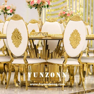Buen precio Venta al por mayor de alta calidad Hotel Banquete Silla de comedor de lujo de terciopelo de cuero de metal Piernas Sala de comedor sillas de boda de oro blanco en línea