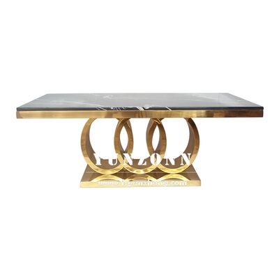 Buen precio Mesa auxiliar de lujo con base de círculos de tamaño personalizado, tapa de piedra natural en color plateado o dorado, mesa de centro de metal para salón en línea