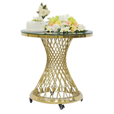 Buen precio Mesa de soporte para pasteles de decoración de bodas de acero inoxidable dorado de lujo con tapa de espejo de vidrio en línea