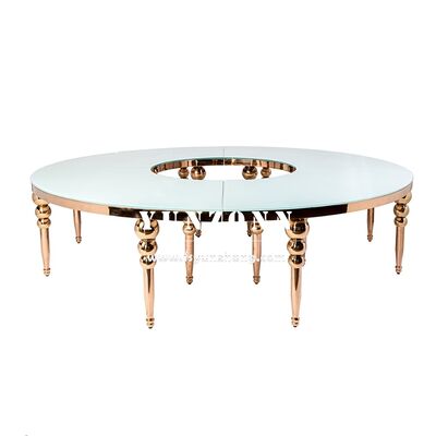 Buen precio Mesa de comedor de serpentina de oro y blanco con techo de vidrio blanco para hoteles restaurantes bodas y uso al aire libre en línea