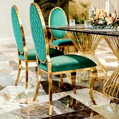 Buen precio Silla de boda de acero inoxidable duradera de lujo oro apilada para gimnasio al aire libre apartamento villa oval espalda restaurante Banquete de alquiler en línea